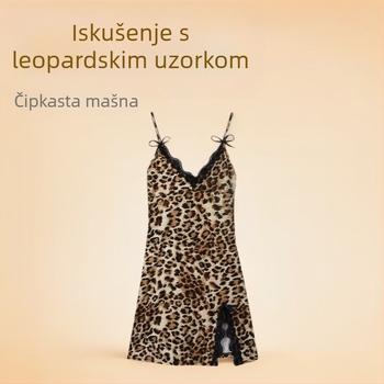 Leopard otisak seksi set donjeg rublja, noćna haljina s naramenicama, cheongsam stil s čarapama, čipkana mašna, poliester
