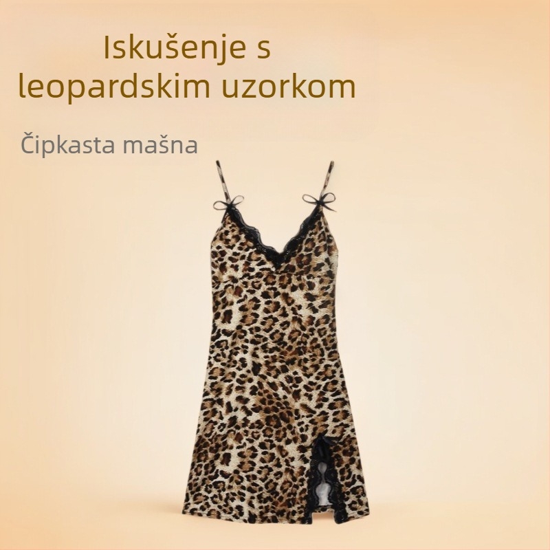 Leopard otisak seksi set donjeg rublja, noćna haljina s naramenicama, cheongsam stil s čarapama, čipkana mašna, poliester