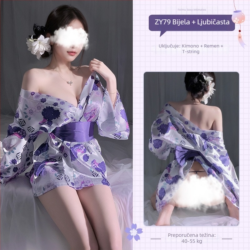 Feimu kimono donje rublje s cvijetom trešnje – seksi noćna odjeća s otkrivenim prsima i zadnjicom