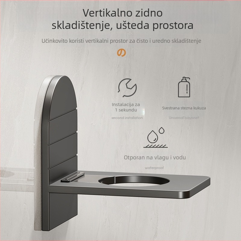 Vertikalni zidni držač za pohranu bez bušenja – gel za tuširanje, dezinfekcija ruku i kuhinjski deterdžent; materijal Space Aluminum; montaža na zid usisnom pločom; 1 sloj; kuhinja i kupaonica; Master Liao
