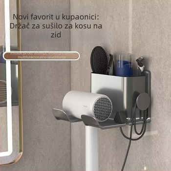 Zidni držač za sušilo za kosu, plastični, minimalističkog stila, bez bušenja (1 polica, kupaonica)