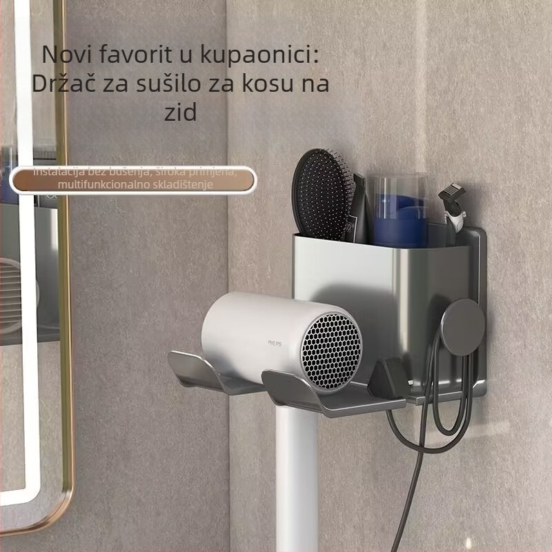 Zidni držač za sušilo za kosu, plastični, minimalističkog stila, bez bušenja (1 polica, kupaonica)