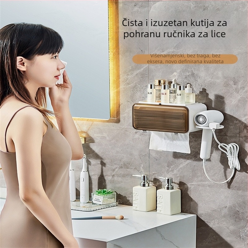 An Rushan PP držač za ručnike za lice s držačem za sušilo za kosu, zidni, bez bušenja