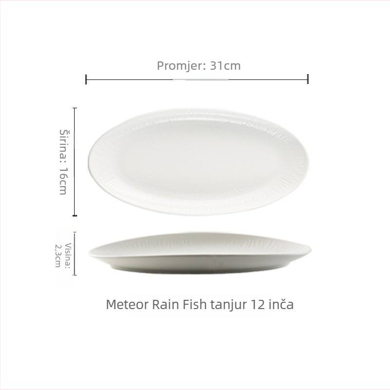 Porcelanski tanjur za ribu, nepravilan ovalni oblik, japanski stil, jednobojni dizajn, pogodan za mikrovalnu pećnicu