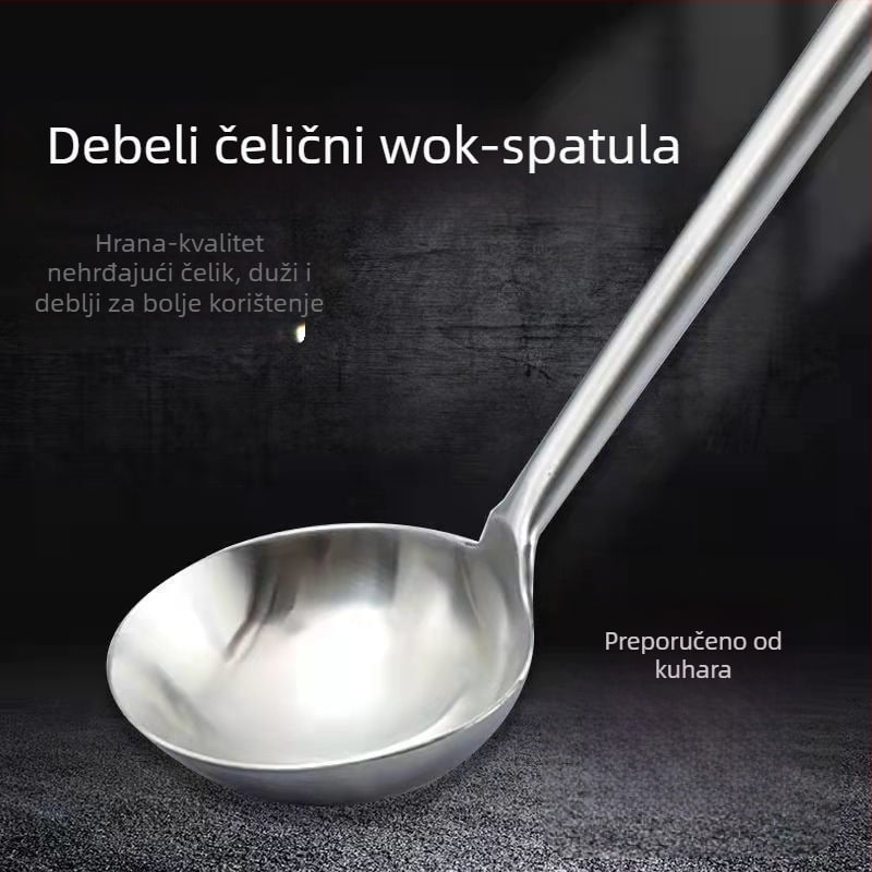 Nehrđajući čelik wok žlica s drvenom ručkom, dugi držač, otporna na visoke temperature, zaštita od opeklina, kuhinjski alat