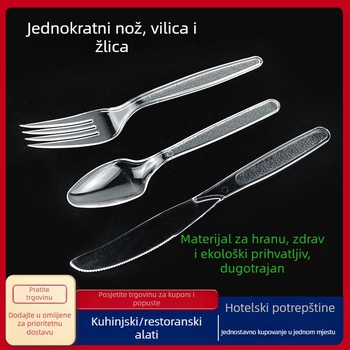 Jednokratni set plastičnih pribora debelog dizajna zapadnjačkog stila s dugom drškom: nož, vilica i žlica; kompatibilan s mikrovalnom pećnicom.