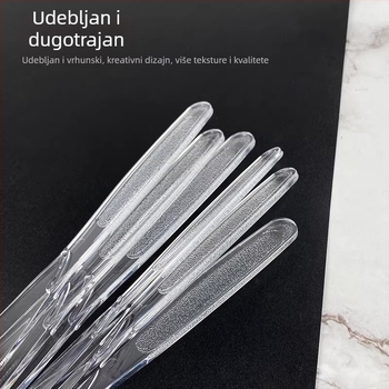 Jednokratni set plastičnih pribora debelog dizajna zapadnjačkog stila s dugom drškom: nož, vilica i žlica; kompatibilan s mikrovalnom pećnicom.