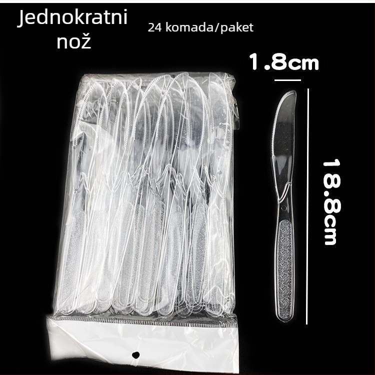 Jednokratni set plastičnih pribora debelog dizajna zapadnjačkog stila s dugom drškom: nož, vilica i žlica; kompatibilan s mikrovalnom pećnicom.