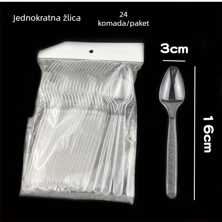 Jednokratni set plastičnih pribora debelog dizajna zapadnjačkog stila s dugom drškom: nož, vilica i žlica; kompatibilan s mikrovalnom pećnicom.
