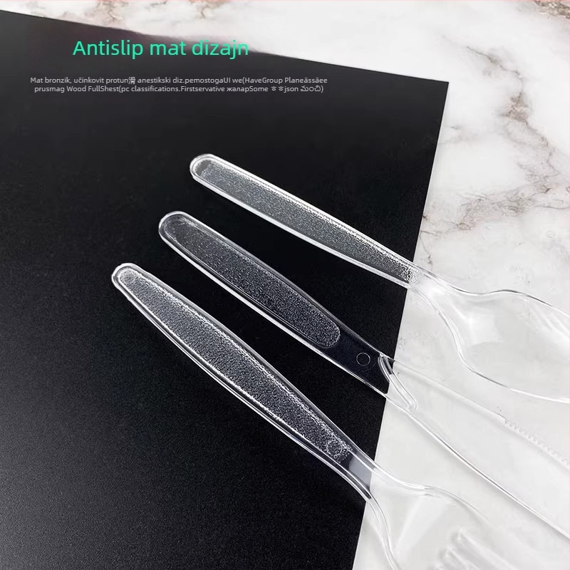 Jednokratni set plastičnih pribora debelog dizajna zapadnjačkog stila s dugom drškom: nož, vilica i žlica; kompatibilan s mikrovalnom pećnicom.