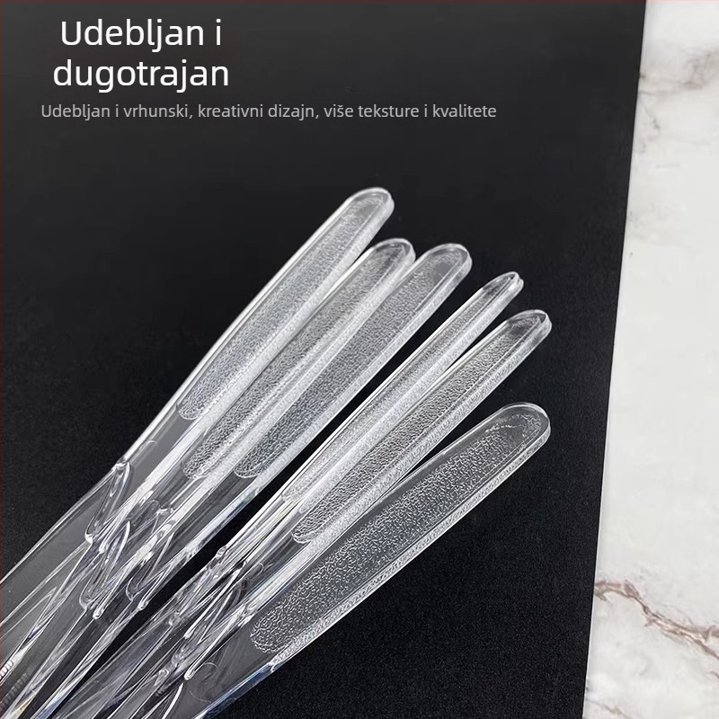 Jednokratni set plastičnih pribora debelog dizajna zapadnjačkog stila s dugom drškom: nož, vilica i žlica; kompatibilan s mikrovalnom pećnicom.