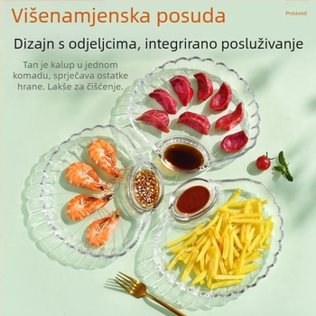 Staklena posuda za posluživanje s podijeljenim dijelovima, prozirna i izdržljiva, s posudom za umak, pogodna za knedle i morsku hranu