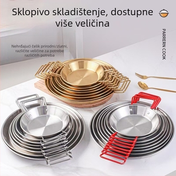 Nehrđajući čelik, pladanj za posluživanje s dvostrukim ručkama, za morska plodove, međuobroke, korejsku prženu piletinu, salate i tjesteninu, ravno dno