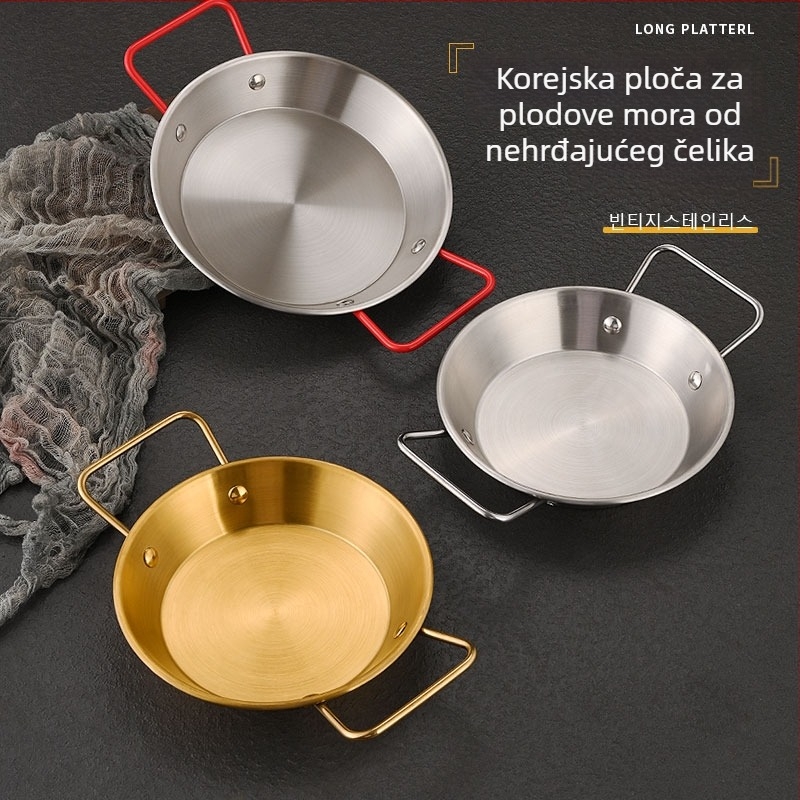 Nehrđajući čelik, pladanj za posluživanje s dvostrukim ručkama, za morska plodove, međuobroke, korejsku prženu piletinu, salate i tjesteninu, ravno dno