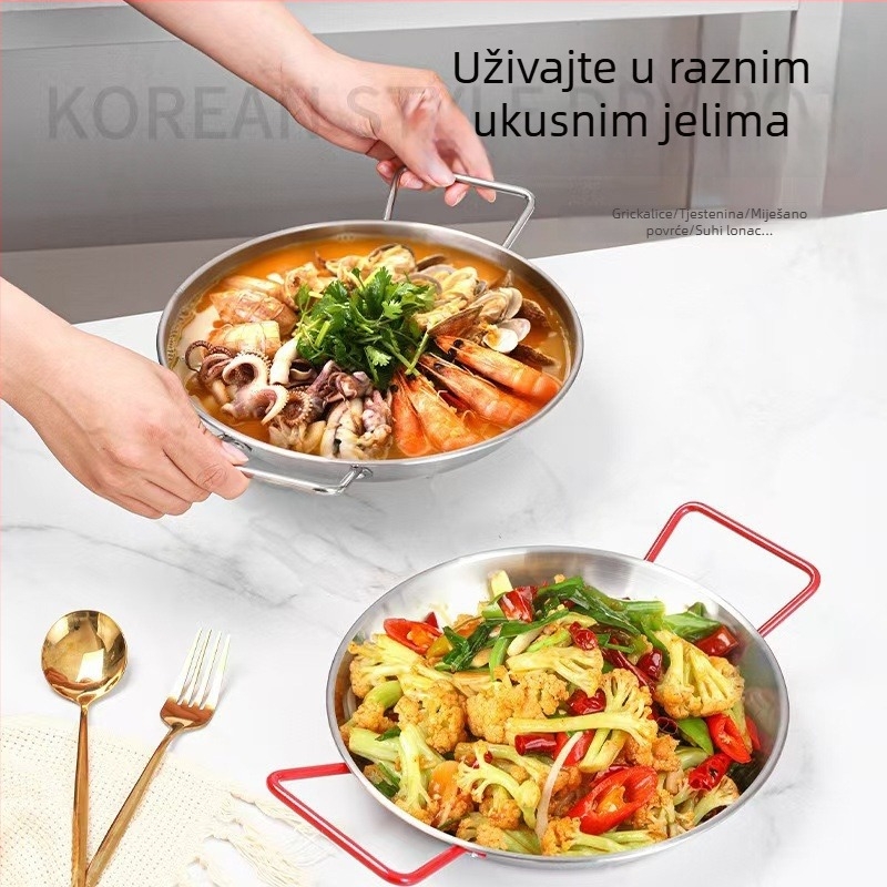 Nehrđajući čelik, pladanj za posluživanje s dvostrukim ručkama, za morska plodove, međuobroke, korejsku prženu piletinu, salate i tjesteninu, ravno dno
