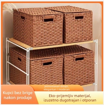 Koš za pohranu s poklopcem i imitacijom ratana – PP materijal, model 027, moderni minimalistički stil, s ručkom