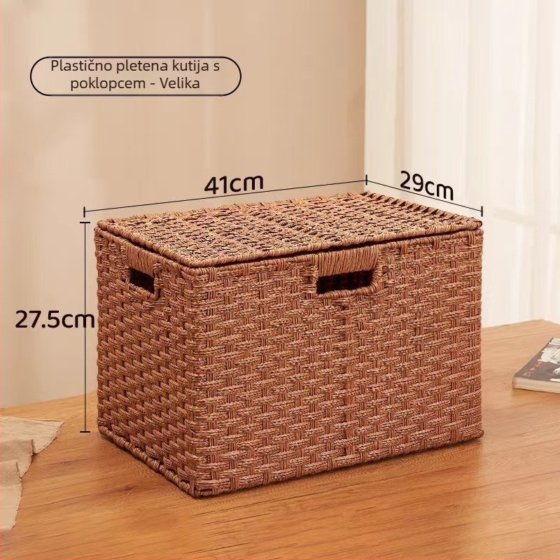 Koš za pohranu s poklopcem i imitacijom ratana – PP materijal, model 027, moderni minimalistički stil, s ručkom