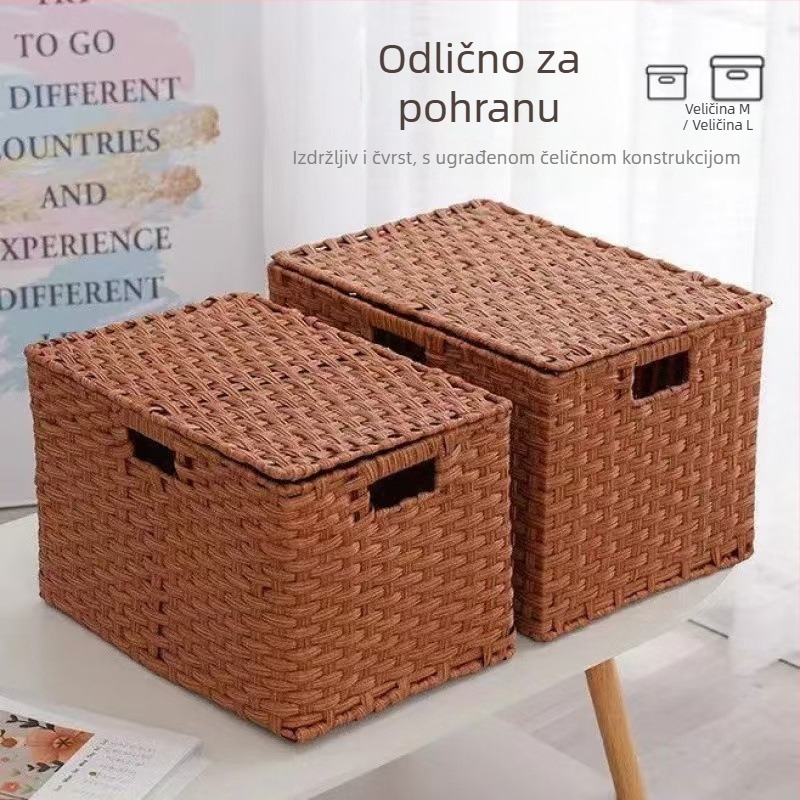 Koš za pohranu s poklopcem i imitacijom ratana – PP materijal, model 027, moderni minimalistički stil, s ručkom