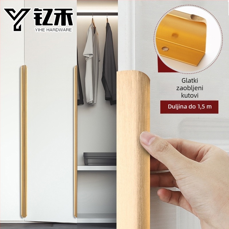 Skrivena ručka za vrata ormarića, crna, moderan minimalistički stil, duga ručka s jedne strane, bez bušenja