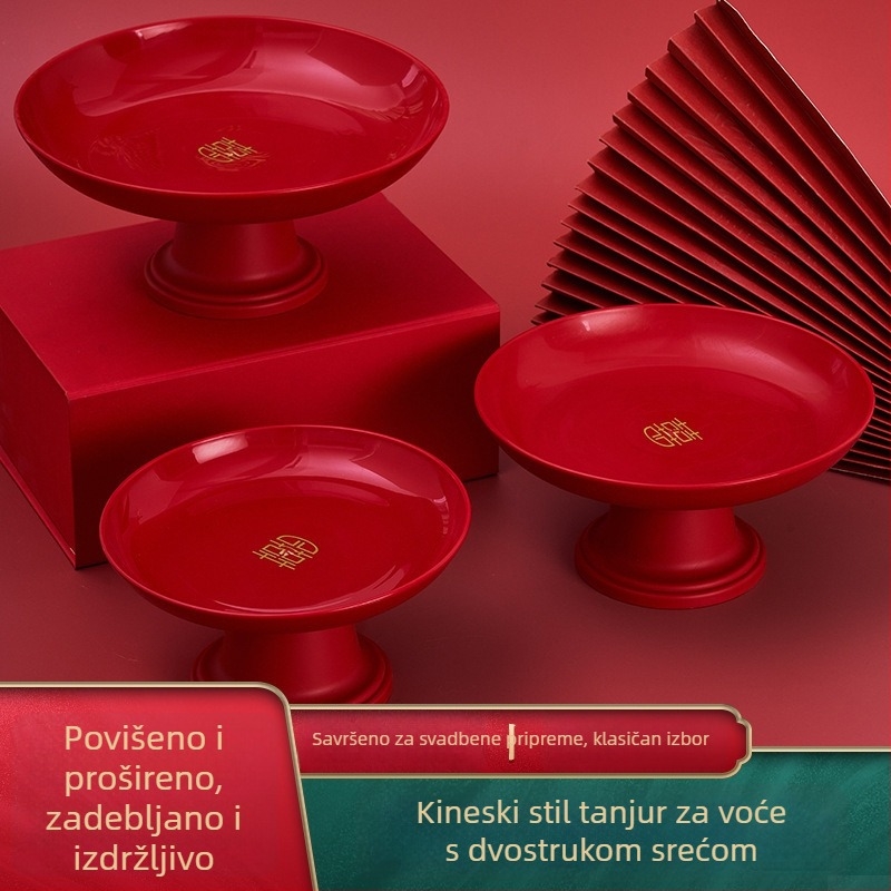 Crveni svečani pladanj za voće, orašaste plodove i grickalice s motivom dvostruka sreća