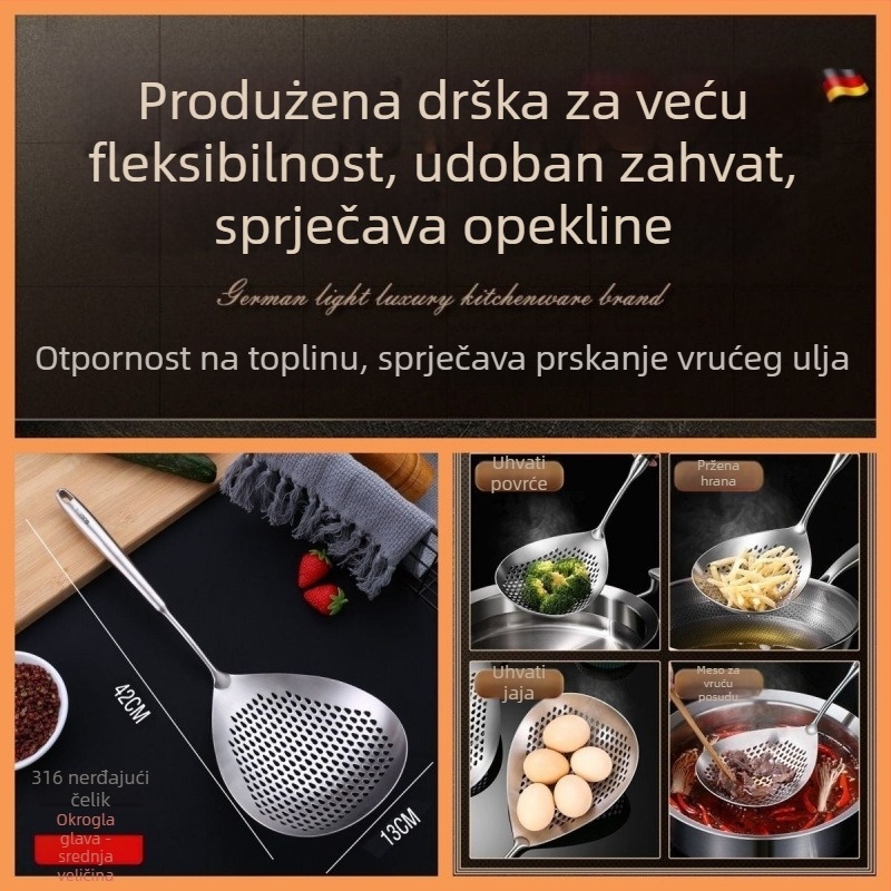 Skimmer od nehrđajućeg čelika 316 za rezance, mrežasto cjedilo za vodu i ulje, kuhinjski mrežasti skimmer, deblji, širi i veći