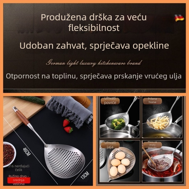 Skimmer od nehrđajućeg čelika 316 za rezance, mrežasto cjedilo za vodu i ulje, kuhinjski mrežasti skimmer, deblji, širi i veći