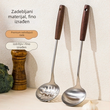 Set velikih žlica za juhu od nehrđajućeg čelika s drvenim ručkama – kuhinja, moderan minimalistički stil, visoka toplinska otpornost, protuklizne ručke
