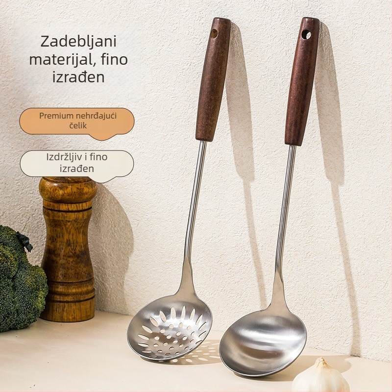 Set velikih žlica za juhu od nehrđajućeg čelika s drvenim ručkama – kuhinja, moderan minimalistički stil, visoka toplinska otpornost, protuklizne ručke