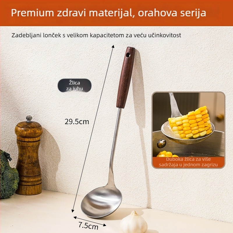 Set velikih žlica za juhu od nehrđajućeg čelika s drvenim ručkama – kuhinja, moderan minimalistički stil, visoka toplinska otpornost, protuklizne ručke