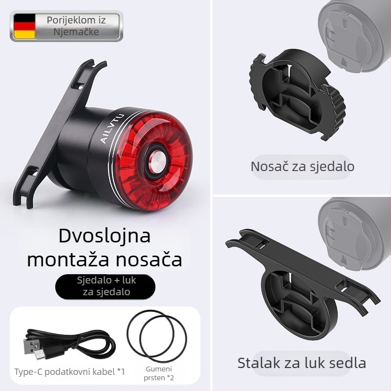 Stražnja svjetiljka za bicikl sa senzorom i kočnicom, punjiva, pogodna za planinske i cestovne bicikle, noćno upozorenje i treptanje