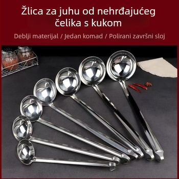 Kuhača s integriranim cjedilom, duga drška s kukicom za vješanje, od nehrđajućeg čelika 201; protuklizna, otporna na visoke temperature, pogodna za juhe i kaše
