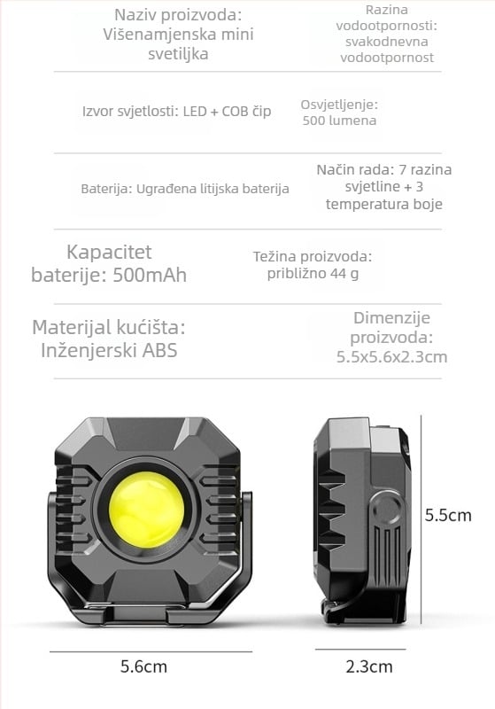 COB kamperska svjetiljka, baterija 500mAh, napajanje 3V1A, domet 100–200 m, s karabinom za ključeve