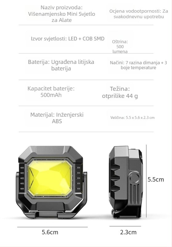 COB kamperska svjetiljka, baterija 500mAh, napajanje 3V1A, domet 100–200 m, s karabinom za ključeve