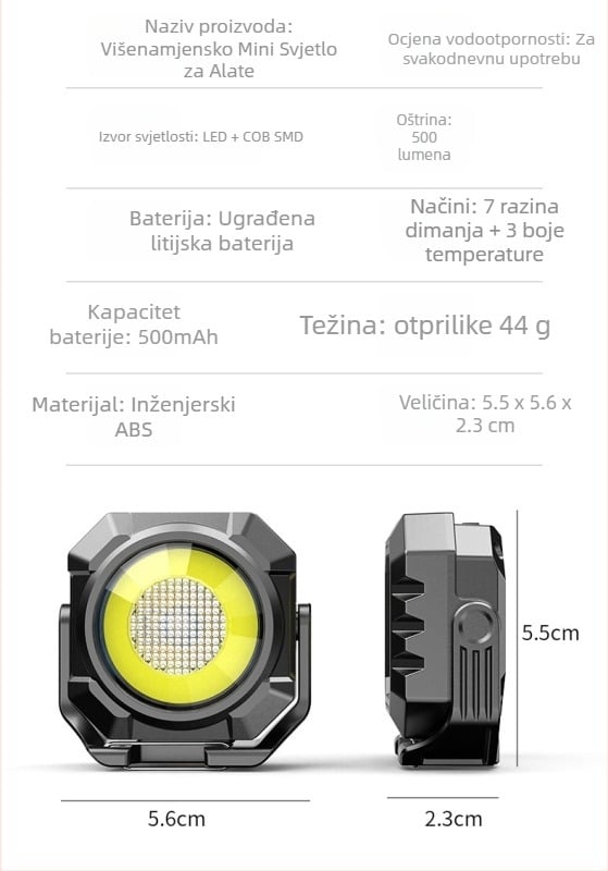 COB kamperska svjetiljka, baterija 500mAh, napajanje 3V1A, domet 100–200 m, s karabinom za ključeve