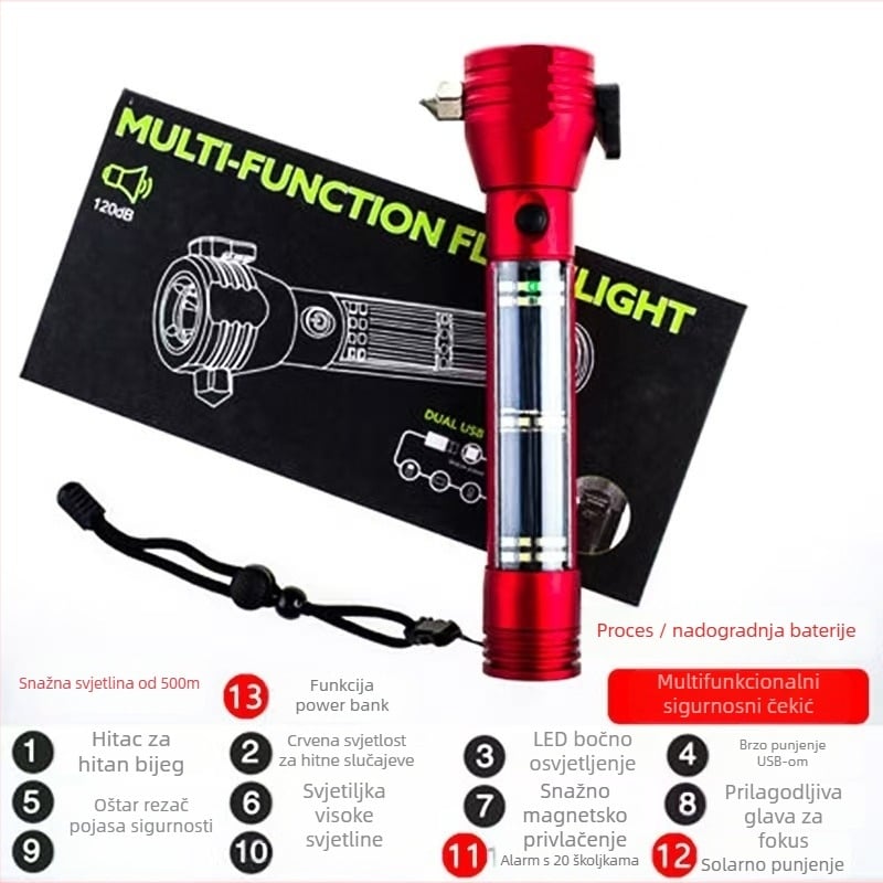 Višenamjenski autosigurnosni alat: čekić za razbijanje prozora, radna svjetiljka, aluminijska legura, 2000 mAh baterija, napajanje putem punjenja, LED + žarulja, ugrađeni power bank, domet 200-500 m