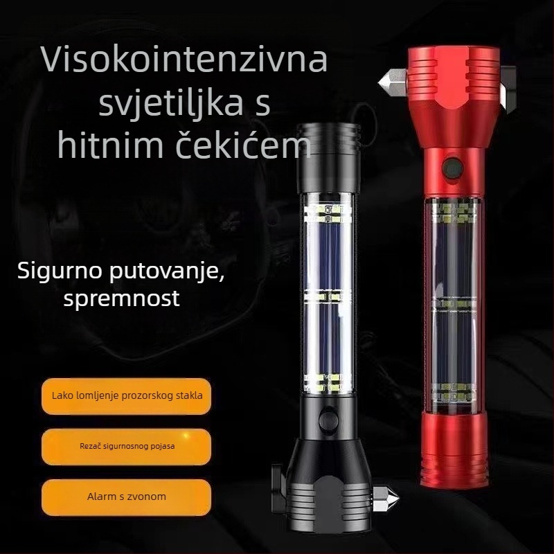 Višenamjenski autosigurnosni alat: čekić za razbijanje prozora, radna svjetiljka, aluminijska legura, 2000 mAh baterija, napajanje putem punjenja, LED + žarulja, ugrađeni power bank, domet 200-500 m