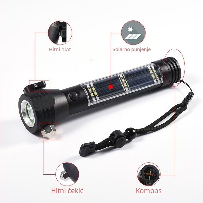 Višenamjenski autosigurnosni alat: čekić za razbijanje prozora, radna svjetiljka, aluminijska legura, 2000 mAh baterija, napajanje putem punjenja, LED + žarulja, ugrađeni power bank, domet 200-500 m