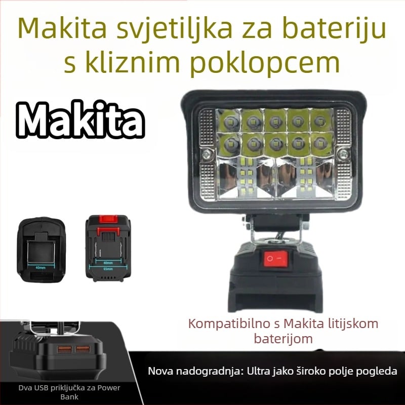 LED radna svjetiljka kompatibilna s Makita litijskom baterijom, napajanje baterijom, domet 100–200 m, ABS kućište