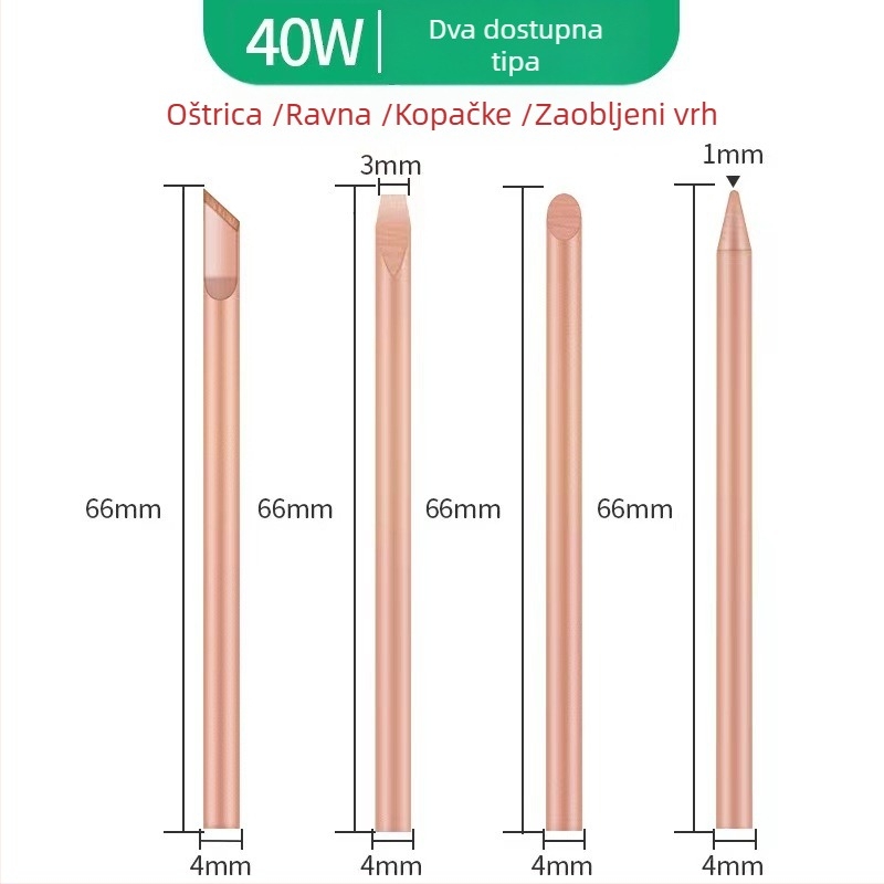 Jie Fei Set vrhova za lemilicu od čistog bakra s vanjskim grijanjem, 30W/40W/60W, vrhovi: šiljasti, ravni i kopitastog oblika