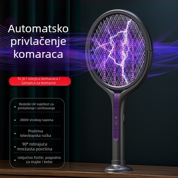 Električna raketa za komarce s LED svjetlom, teleskopska, sklopiva, rotacija 90°, punjiva