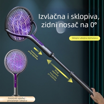Električna raketa za komarce s LED svjetlom, teleskopska, sklopiva, rotacija 90°, punjiva