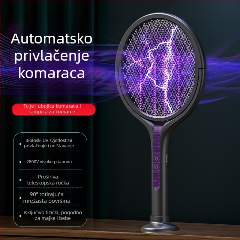 Električna raketa za komarce s LED svjetlom, teleskopska, sklopiva, rotacija 90°, punjiva