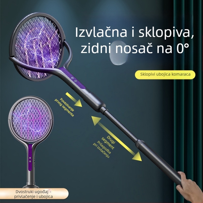 Električna raketa za komarce s LED svjetlom, teleskopska, sklopiva, rotacija 90°, punjiva