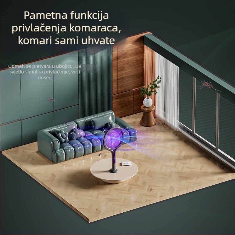 Električna raketa za komarce s LED svjetlom, teleskopska, sklopiva, rotacija 90°, punjiva