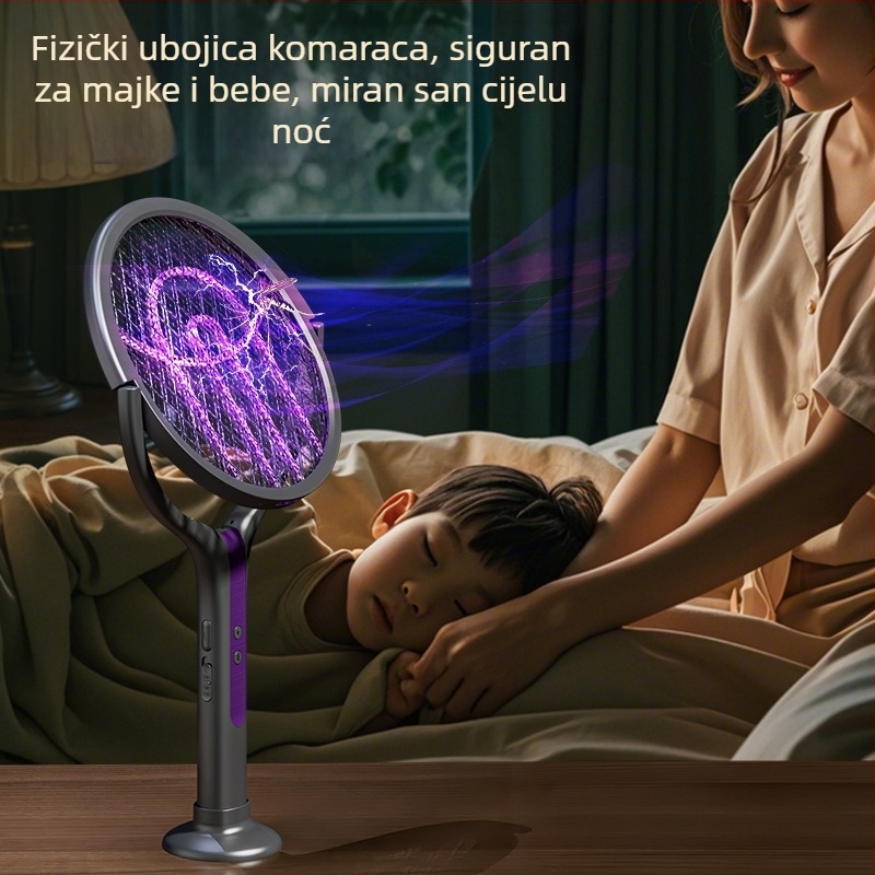 Električna raketa za komarce s LED svjetlom, teleskopska, sklopiva, rotacija 90°, punjiva