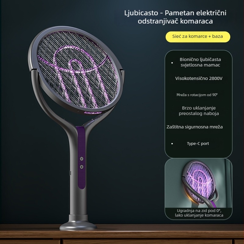 Električna raketa za komarce s LED svjetlom, teleskopska, sklopiva, rotacija 90°, punjiva