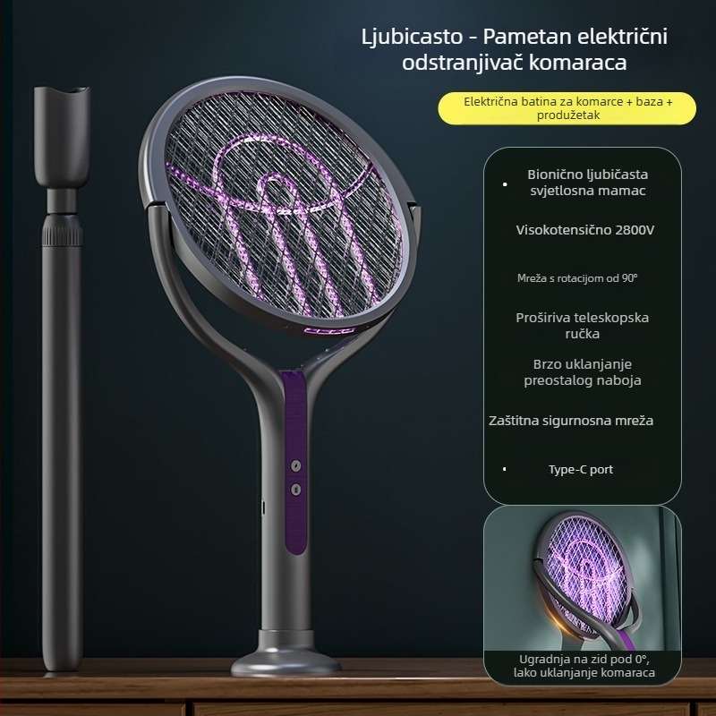 Električna raketa za komarce s LED svjetlom, teleskopska, sklopiva, rotacija 90°, punjiva
