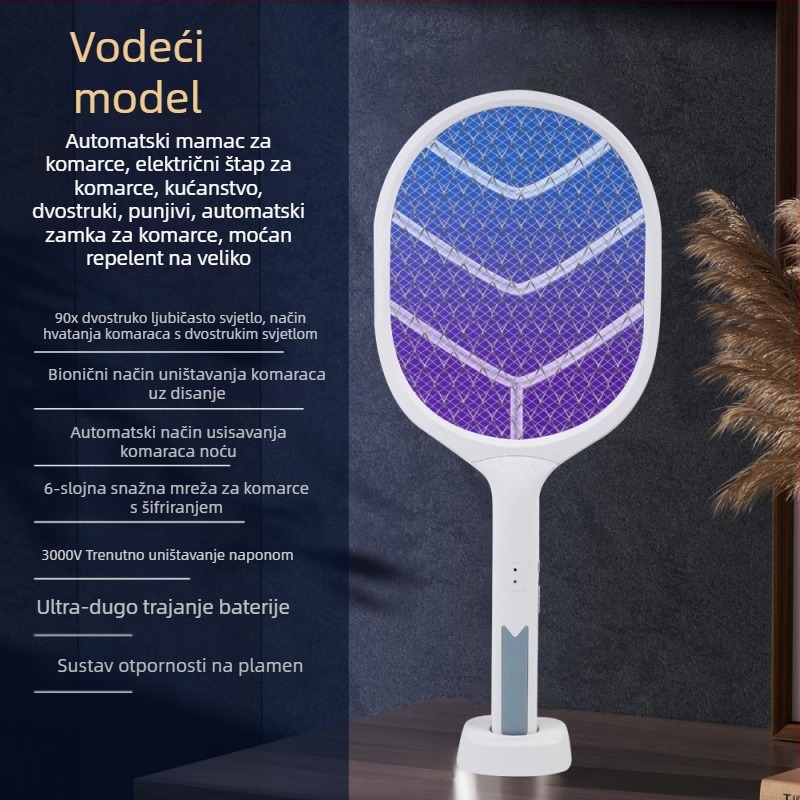 2-u-1 Električna lampa protiv komaraca i hvataljka — punjiva, LED osvjetljenje, aluminijska mreža, pokrivenost 21–30㎡, vrijeme punjenja 3–5 sati