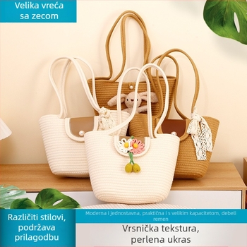 Pamukasta pletena torba za plažu, tote stil, moderan model 2026, velika kapaciteta