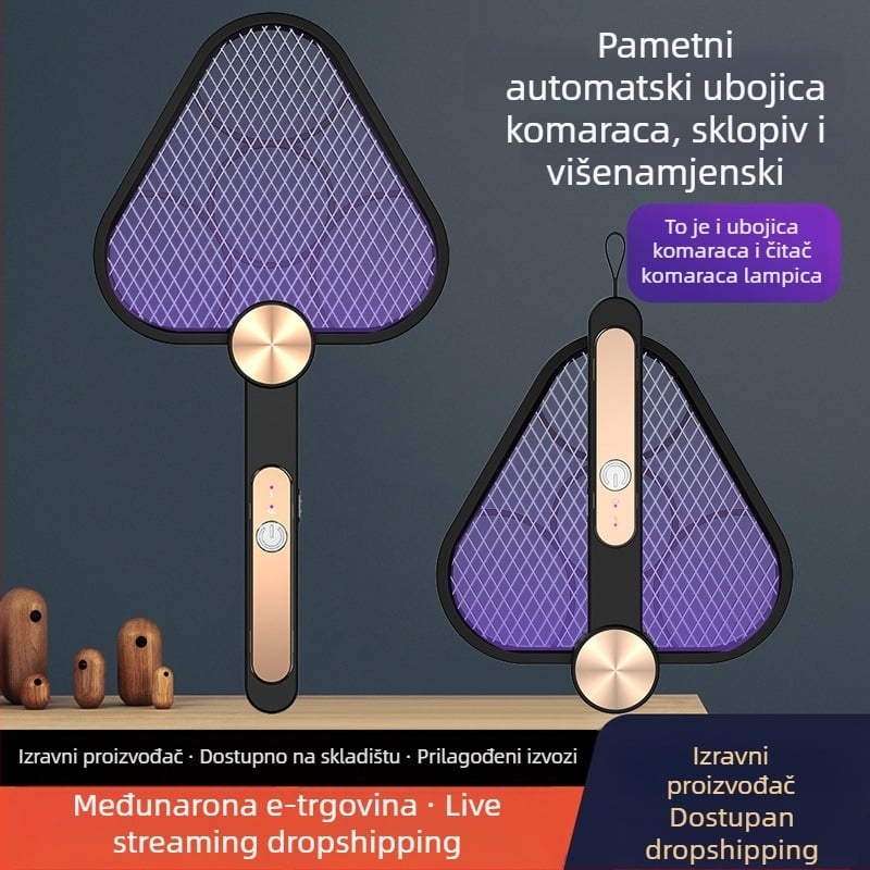 Električna lopata za komarce, sklopiva dvostruka, ugrađena baterija 1001–1600 mAh, LED svjetlo, pokrivenost 11–20 m², rotacija 180°